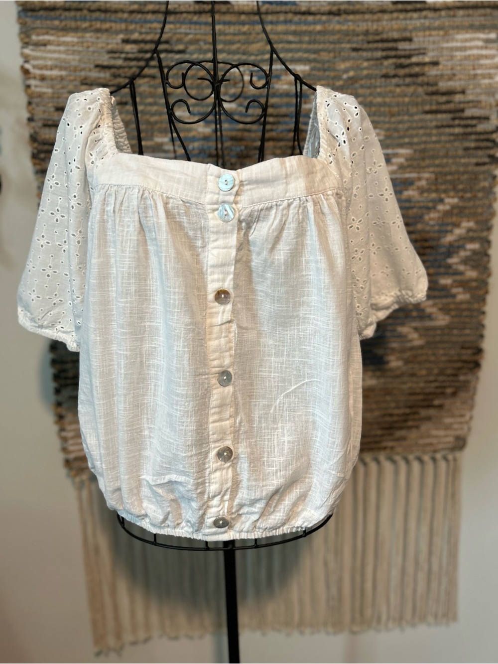 Passport White Eyelet Puff-Sleeve Button Front Top